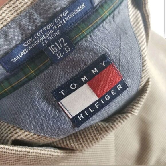 Vintage Tommy Hilfiger Mens Size 16.5 Long Sleeve Tan Plaid Button Front Shirt - Picture 8 of 8